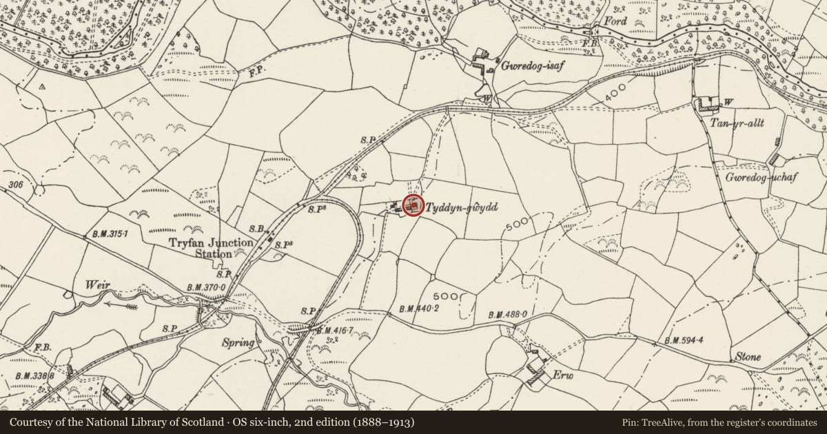 Ordnance Survey six-inch map, 2nd edition (1888–1913) covering the location of Tyddyn y Gwydd, Llanwnda, Gwynedd, with a pin at the register's coordinates