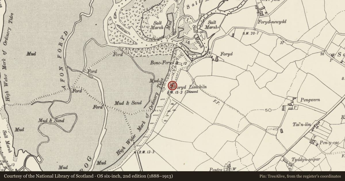 Ordnance Survey six-inch map, 2nd edition (1888–1913) covering the location of Voryd Cottage and attached limekiln, Llanwnda, Gwynedd, with a pin at the register's coordinates
