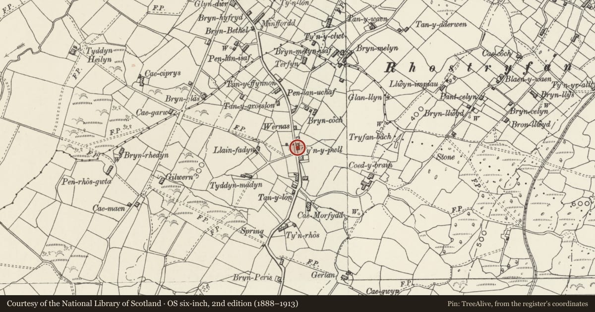 Ordnance Survey six-inch map, 2nd edition (1888–1913) covering the location of The Haven, Llanwnda, Gwynedd, with a pin at the register's coordinates