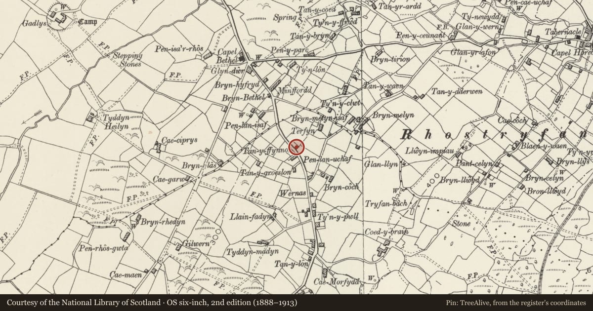 Ordnance Survey six-inch map, 2nd edition (1888–1913) covering the location of Tan-y-ffynnon, Llanwnda, Gwynedd, with a pin at the register's coordinates