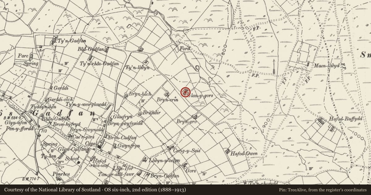 Ordnance Survey six-inch map, 2nd edition (1888–1913) covering the location of Glan Gors, Llanwnda, Gwynedd, with a pin at the register's coordinates