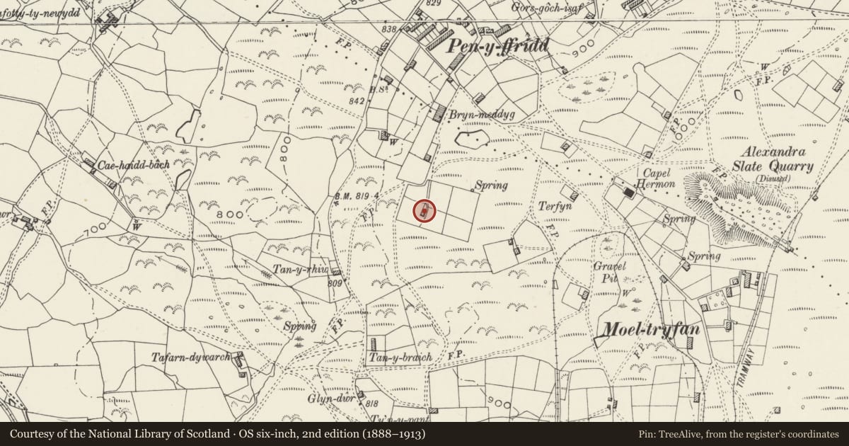 Ordnance Survey six-inch map, 2nd edition (1888–1913) covering the location of Pen-y-braich, Llanwnda, Gwynedd, with a pin at the register's coordinates