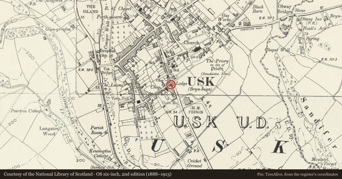 Ordnance Survey six-inch map, 2nd edition (1888–1913) covering the location of No.1 Old Market Street, and attached iron railings, Usk, Monmouthshire, with a pin at the register's coordinates