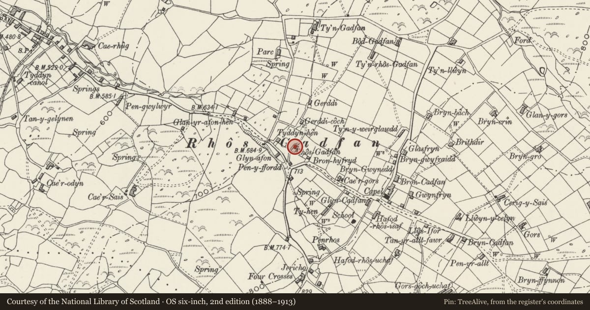 Ordnance Survey six-inch map, 2nd edition (1888–1913) covering the location of Rhosgadfan House, Llanwnda, Gwynedd, with a pin at the register's coordinates