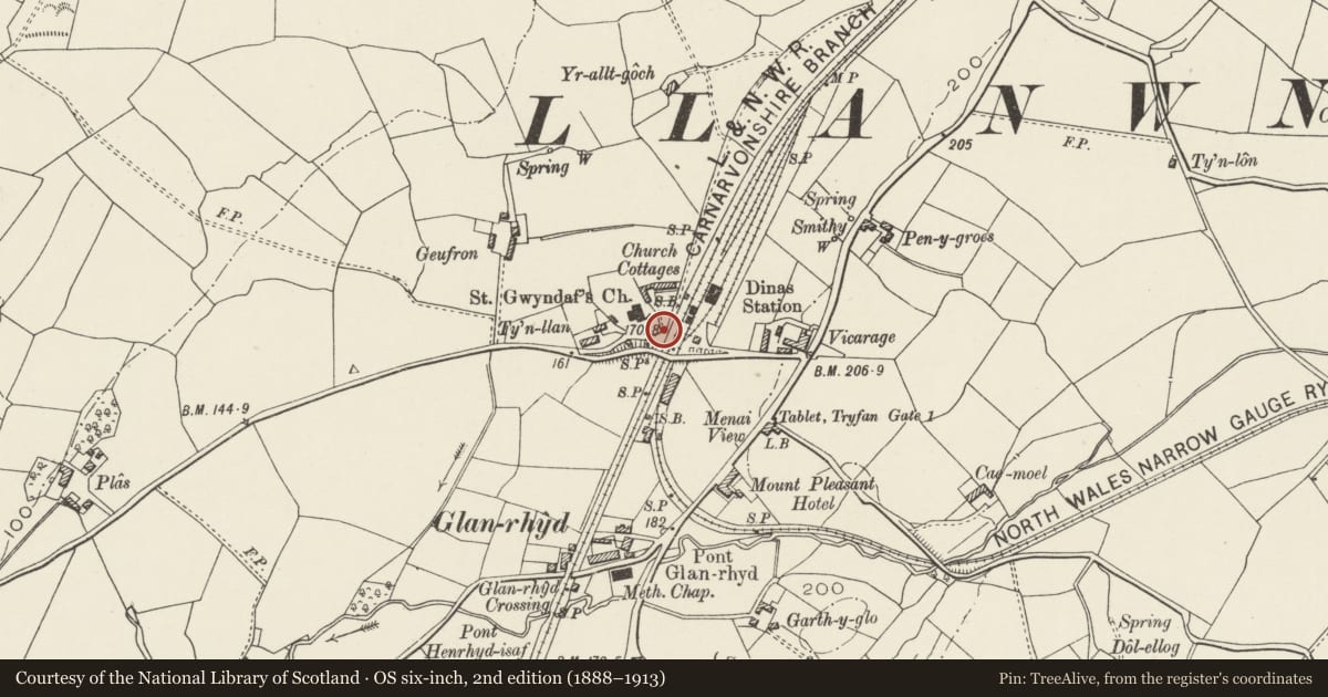Ordnance Survey six-inch map, 2nd edition (1888–1913) covering the location of Monument to J W Jones and family, Llanwnda, Gwynedd, with a pin at the register's coordinates