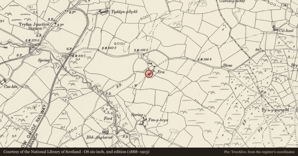 Ordnance Survey six-inch map, 2nd edition (1888–1913) covering the location of Farmbuildings at Erw, Llanwnda, Gwynedd, with a pin at the register's coordinates