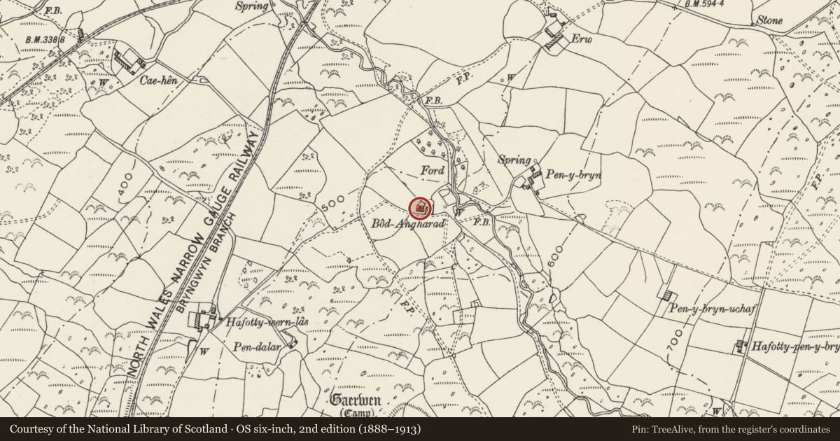 Ordnance Survey six-inch map, 2nd edition (1888–1913) covering the location of Bodgarad, Llanwnda, Gwynedd, with a pin at the register's coordinates