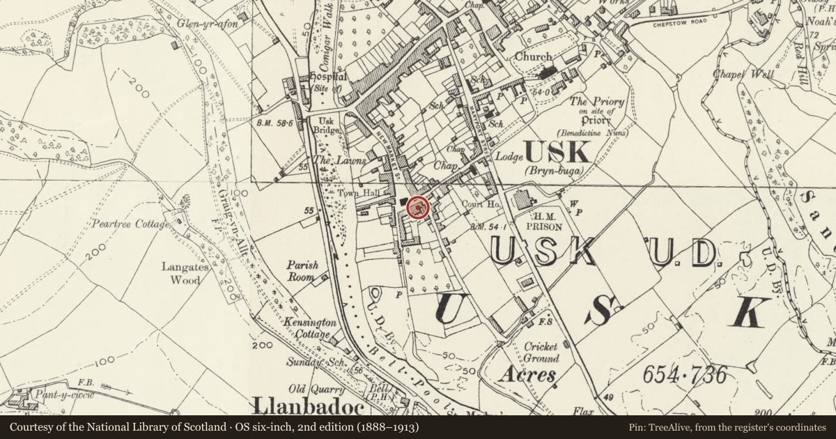 Ordnance Survey six-inch map, 2nd edition (1888–1913) covering the location of No.37 Old Market Street, and attached railings, Usk, Monmouthshire, with a pin at the register's coordinates