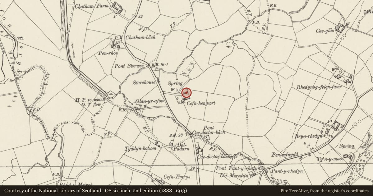 Ordnance Survey six-inch map, 2nd edition (1888–1913) covering the location of Cowhouse at Cefn Rhengwrt, Llanwnda, Gwynedd, with a pin at the register's coordinates