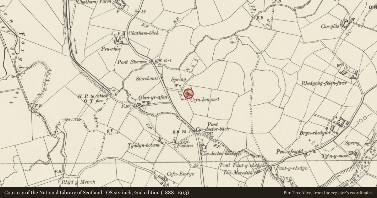 Ordnance Survey six-inch map, 2nd edition (1888–1913) covering the location of Bothy and Pigsties at Cefn Rhengwrt, Llanwnda, Gwynedd, with a pin at the register's coordinates
