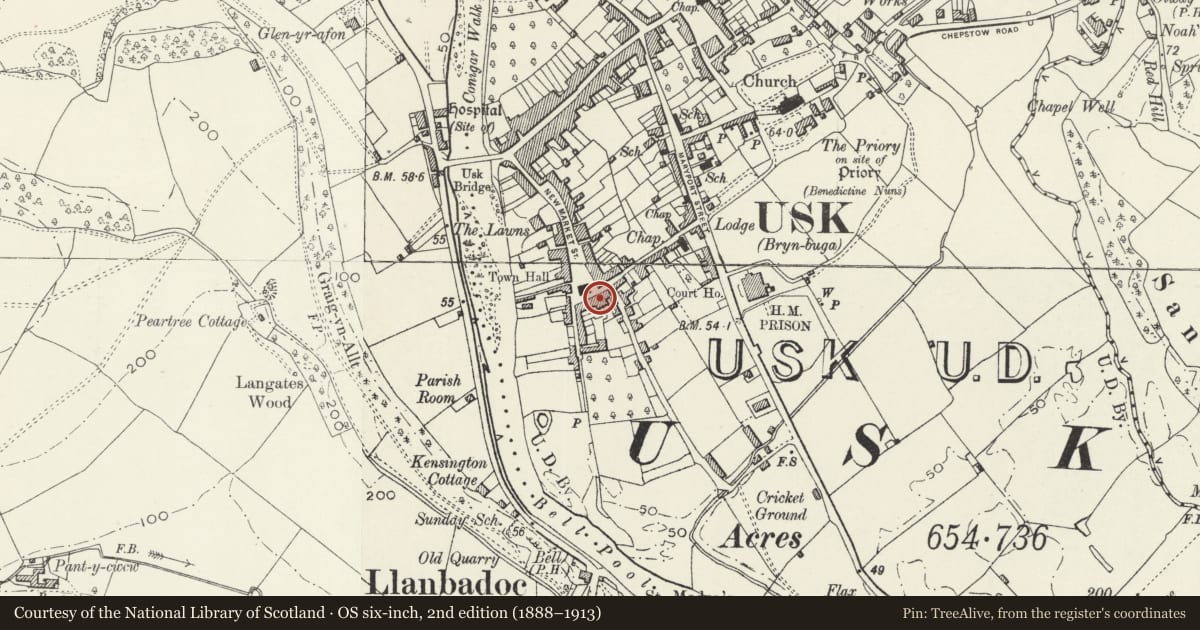 Ordnance Survey six-inch map, 2nd edition (1888–1913) covering the location of Buxton House and attached iron railings, Usk, Monmouthshire, with a pin at the register's coordinates