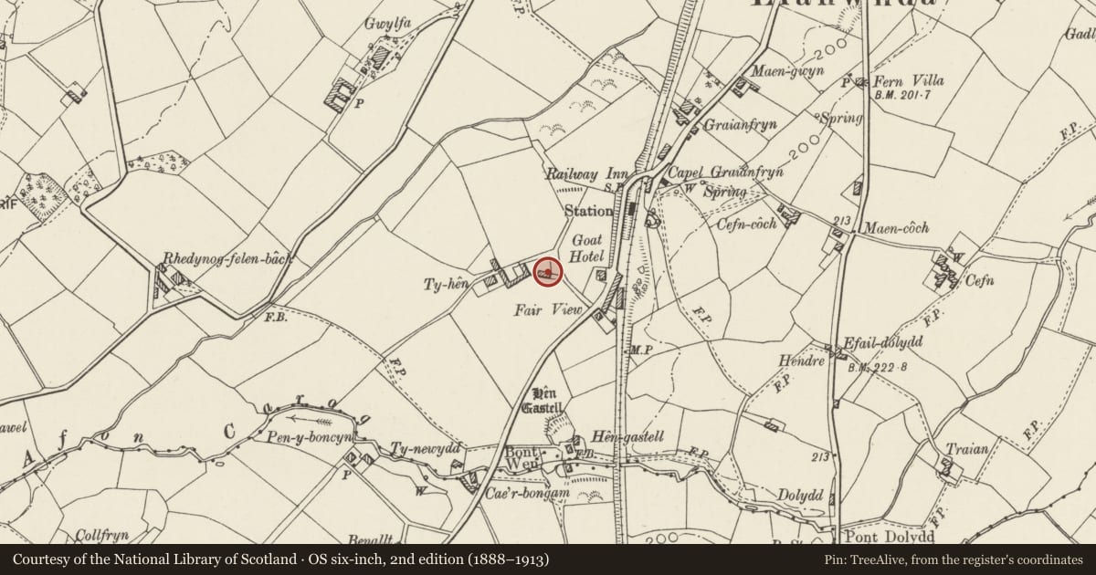 Ordnance Survey six-inch map, 2nd edition (1888–1913) covering the location of Hay Barn to east of Ty-hen, Llanwnda, Gwynedd, with a pin at the register's coordinates
