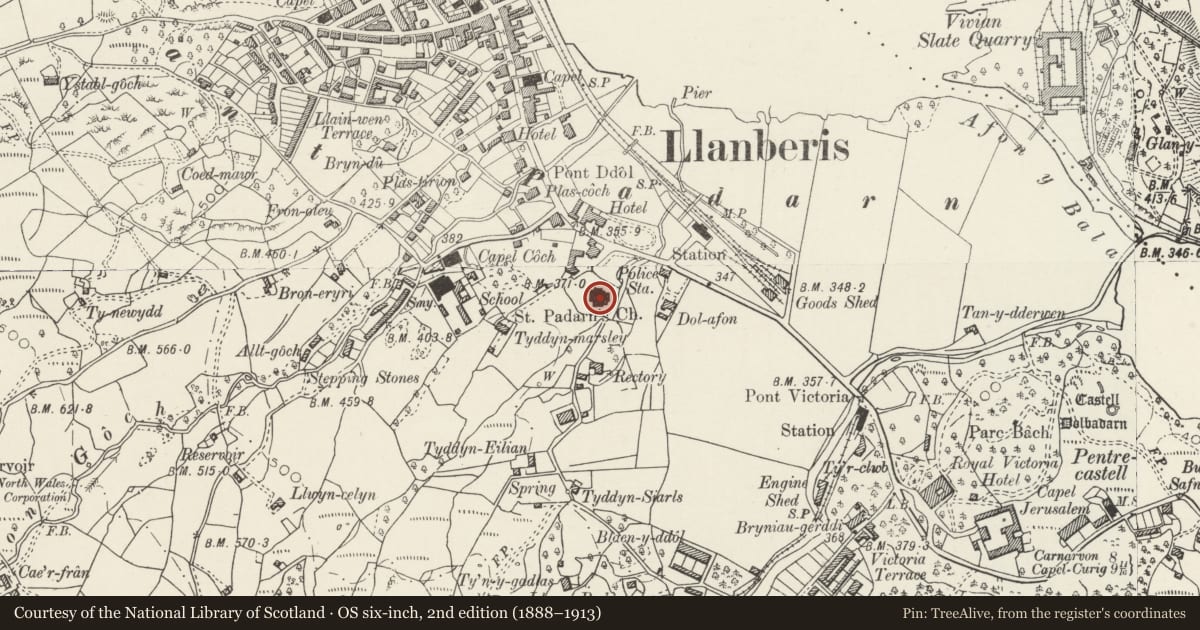 Ordnance Survey six-inch map, 2nd edition (1888–1913) covering the location of Church of St Padarn, Llanberis, Gwynedd, with a pin at the register's coordinates