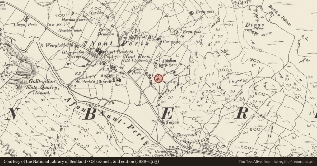 Ordnance Survey six-inch map, 2nd edition (1888–1913) covering the location of Pen-y-bryn, Llanberis, Gwynedd, with a pin at the register's coordinates