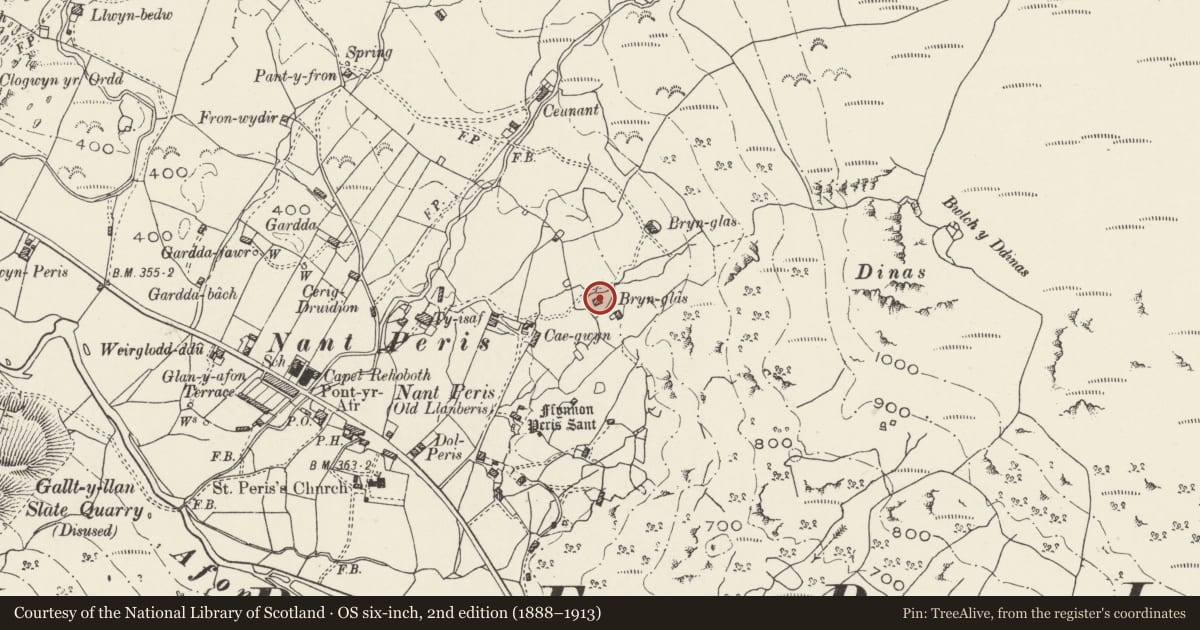 Ordnance Survey six-inch map, 2nd edition (1888–1913) covering the location of Bryn Glas, Llanberis, Gwynedd, with a pin at the register's coordinates
