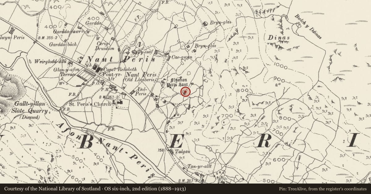 Ordnance Survey six-inch map, 2nd edition (1888–1913) covering the location of Cwm-yr-Wrach, Llanberis, Gwynedd, with a pin at the register's coordinates