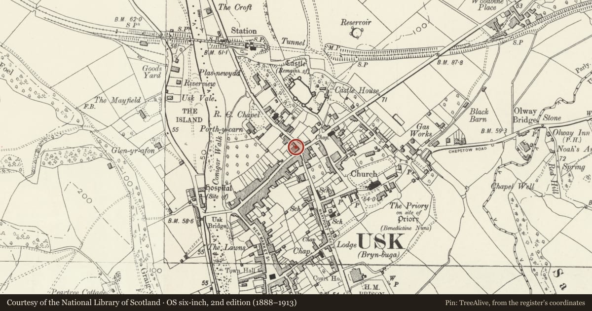 Ordnance Survey six-inch map, 2nd edition (1888–1913) covering the location of The Three Salmons Hotel, Usk, Monmouthshire, with a pin at the register's coordinates