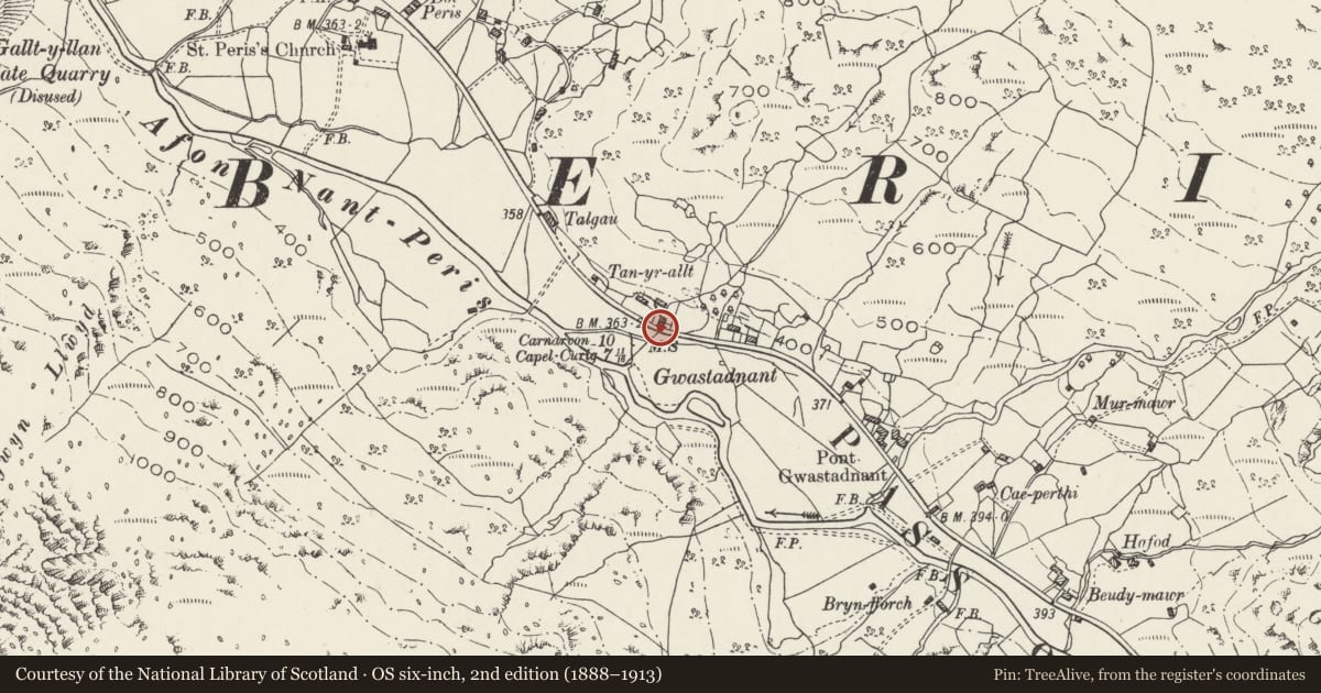 Ordnance Survey six-inch map, 2nd edition (1888–1913) covering the location of Milestone, Llanberis, Gwynedd, with a pin at the register's coordinates