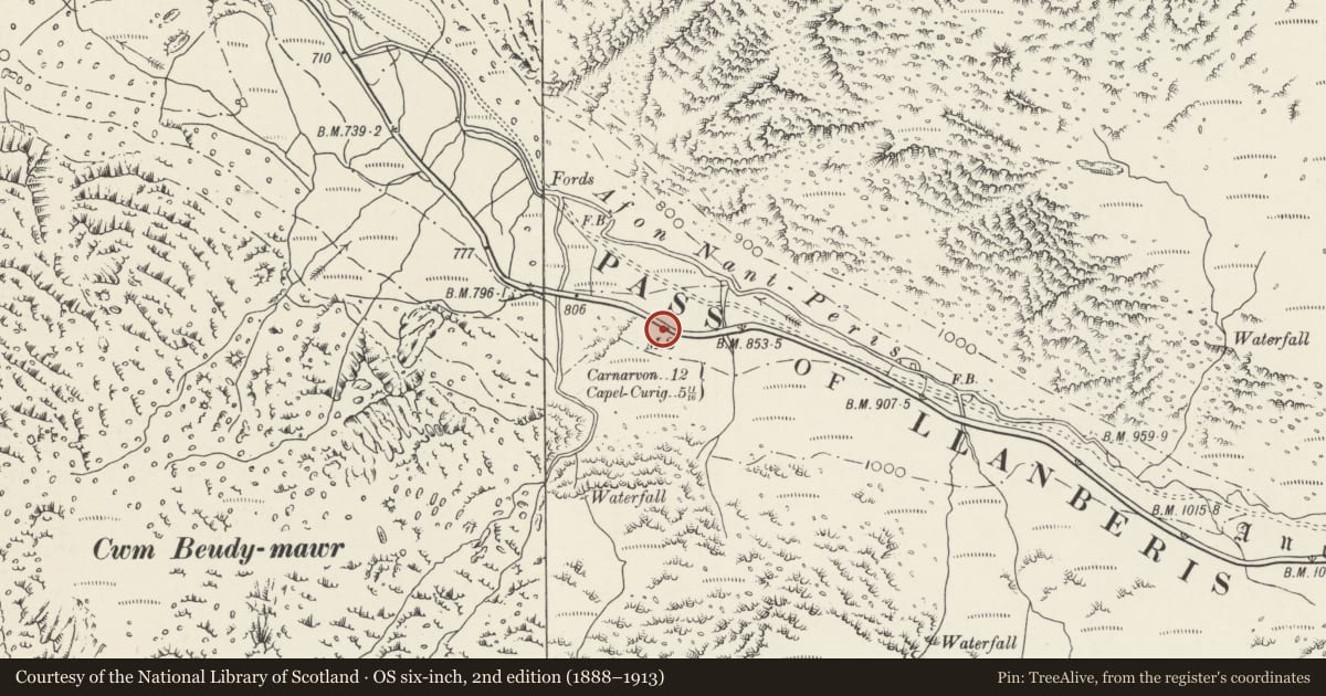 Ordnance Survey six-inch map, 2nd edition (1888–1913) covering the location of Milestone, Llanberis, Gwynedd, with a pin at the register's coordinates