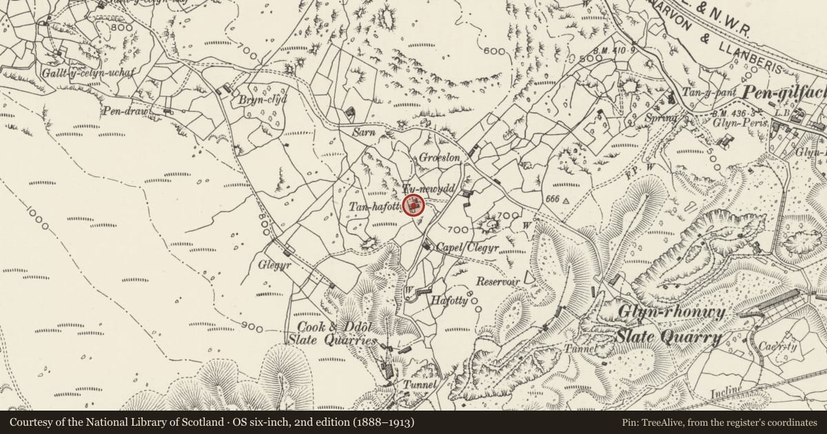 Ordnance Survey six-inch map, 2nd edition (1888–1913) covering the location of Tan-Hafotty, Llanberis, Gwynedd, with a pin at the register's coordinates