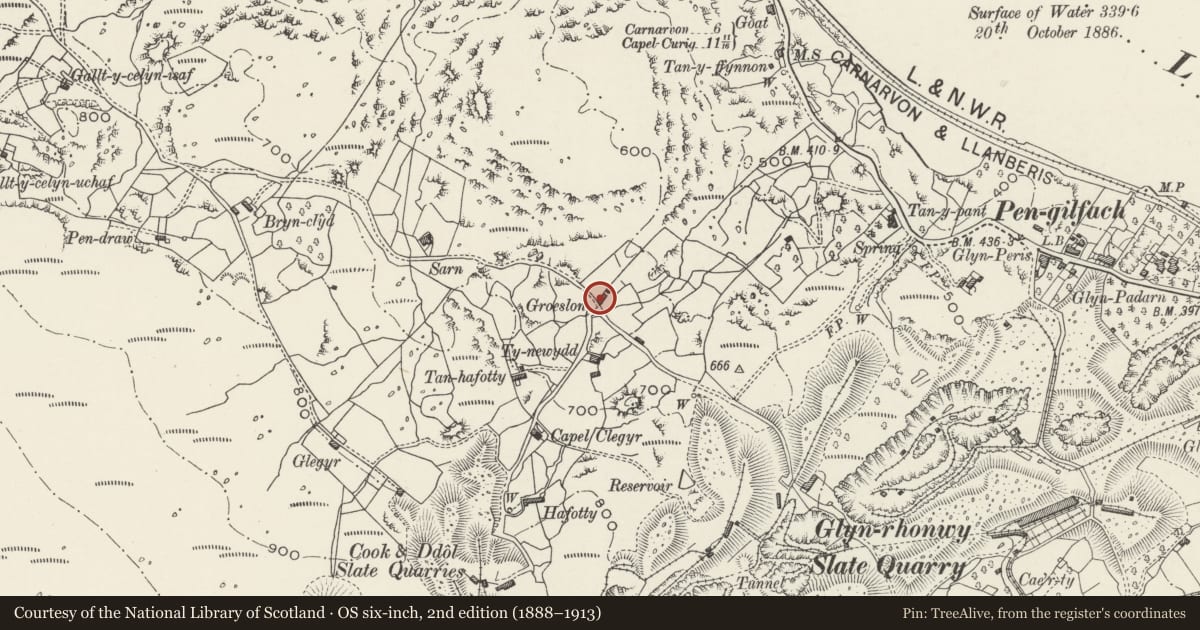 Ordnance Survey six-inch map, 2nd edition (1888–1913) covering the location of Groeslon, Llanberis, Gwynedd, with a pin at the register's coordinates