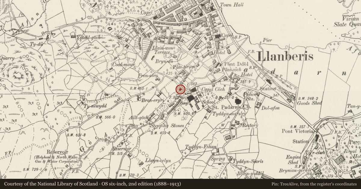 Ordnance Survey six-inch map, 2nd edition (1888–1913) covering the location of Snowdon View, Llanberis, Gwynedd, with a pin at the register's coordinates