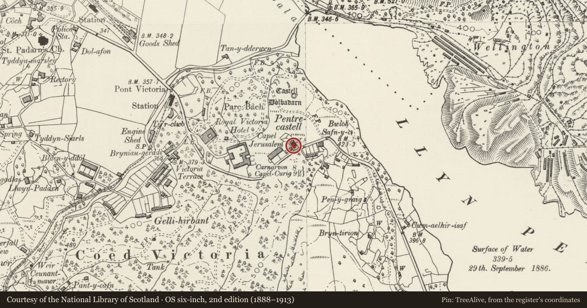 Ordnance Survey six-inch map, 2nd edition (1888–1913) covering the location of Capel Jerusalem with former domestic accommodation to rear, Llanberis, Gwynedd, with a pin at the register's coordinates