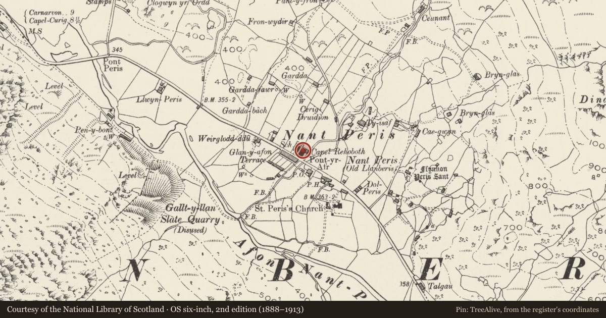 Ordnance Survey six-inch map, 2nd edition (1888–1913) covering the location of Capel Rehoboth, Llanberis, Gwynedd, with a pin at the register's coordinates