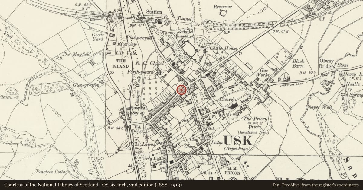 Ordnance Survey six-inch map, 2nd edition (1888–1913) covering the location of Garden Wall at The Three Salmons Hotel, Usk, Monmouthshire, with a pin at the register's coordinates