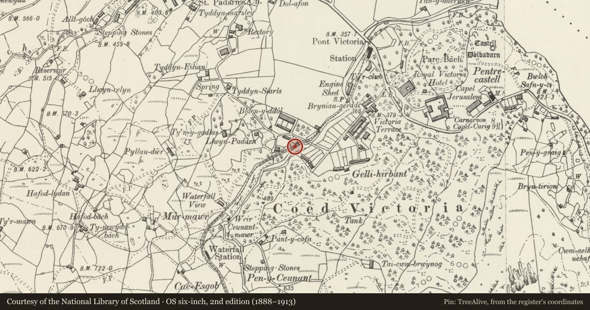Ordnance Survey six-inch map, 2nd edition (1888–1913) covering the location of Lower Viaduct, Llanberis, Gwynedd, with a pin at the register's coordinates