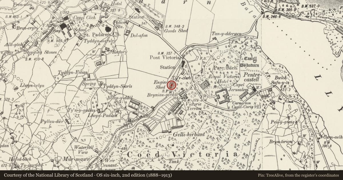 Ordnance Survey six-inch map, 2nd edition (1888–1913) covering the location of Engine Shed, Llanberis, Gwynedd, with a pin at the register's coordinates