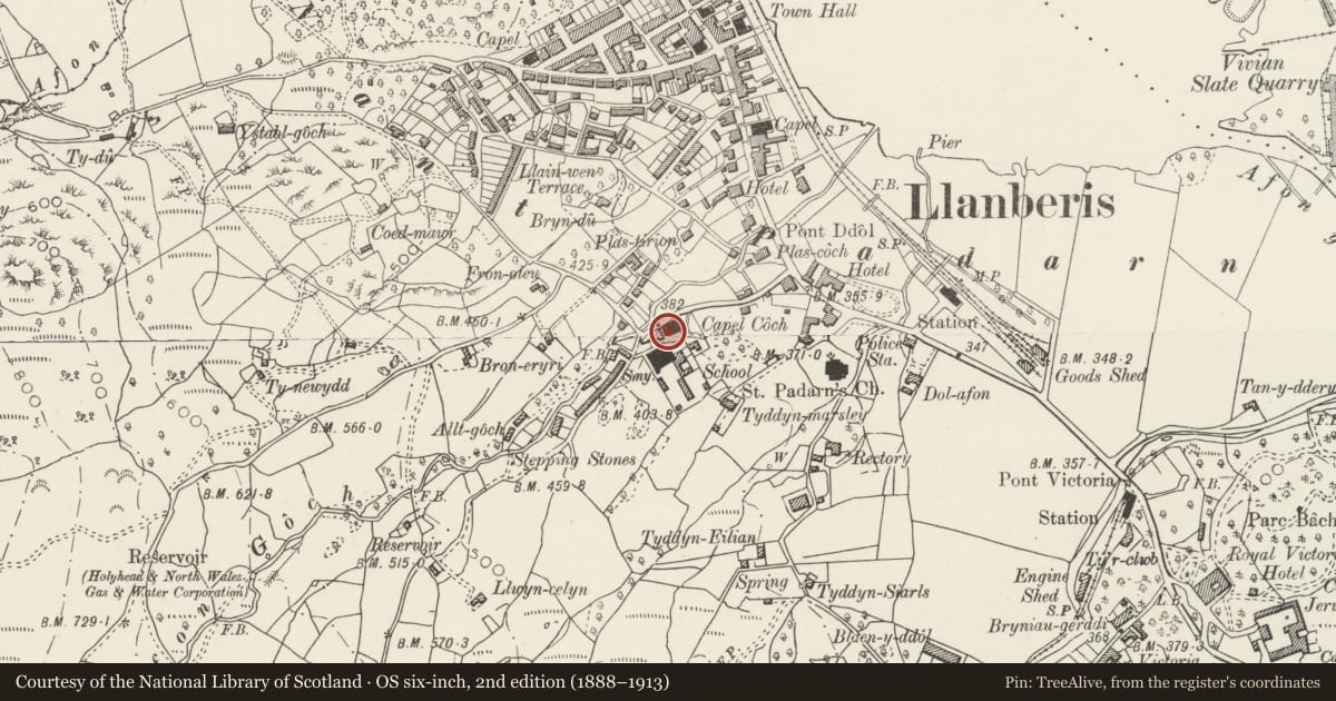 Ordnance Survey six-inch map, 2nd edition (1888–1913) covering the location of Capel Coch, Llanberis, Gwynedd, with a pin at the register's coordinates