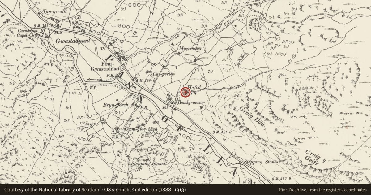 Ordnance Survey six-inch map, 2nd edition (1888–1913) covering the location of Hafod Cottage, Llanberis, Gwynedd, with a pin at the register's coordinates