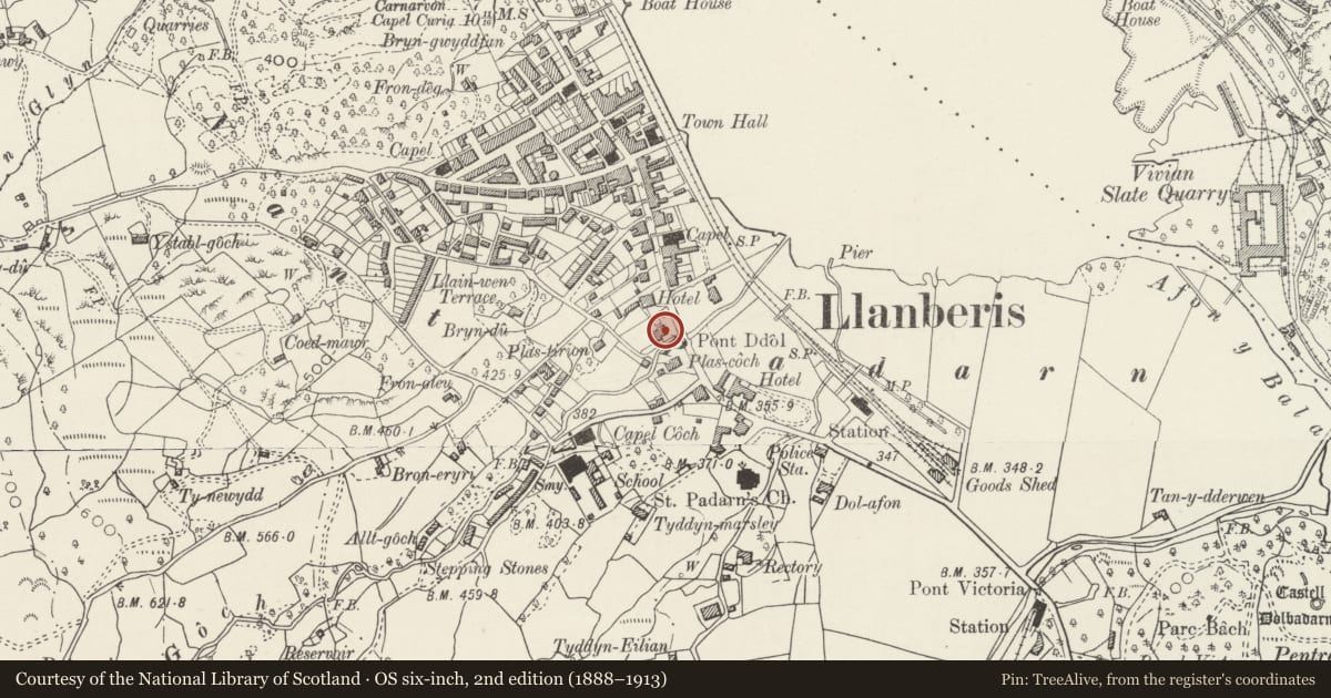 Ordnance Survey six-inch map, 2nd edition (1888–1913) covering the location of Dolperis, Llanberis, Gwynedd, with a pin at the register's coordinates
