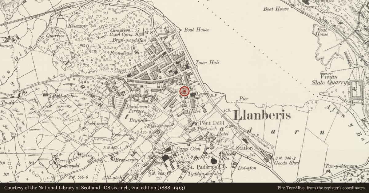 Ordnance Survey six-inch map, 2nd edition (1888–1913) covering the location of 57 Stryd Fawr (High Street), Llanberis, Gwynedd, with a pin at the register's coordinates