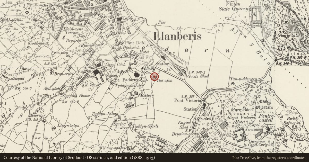 Ordnance Survey six-inch map, 2nd edition (1888–1913) covering the location of Dolafon, Llanberis, Gwynedd, with a pin at the register's coordinates