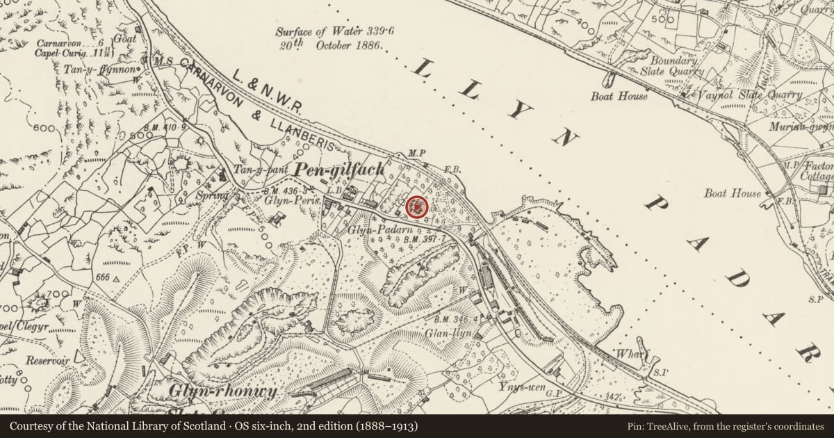 Ordnance Survey six-inch map, 2nd edition (1888–1913) covering the location of Glyn Padarn, Llanberis, Gwynedd, with a pin at the register's coordinates