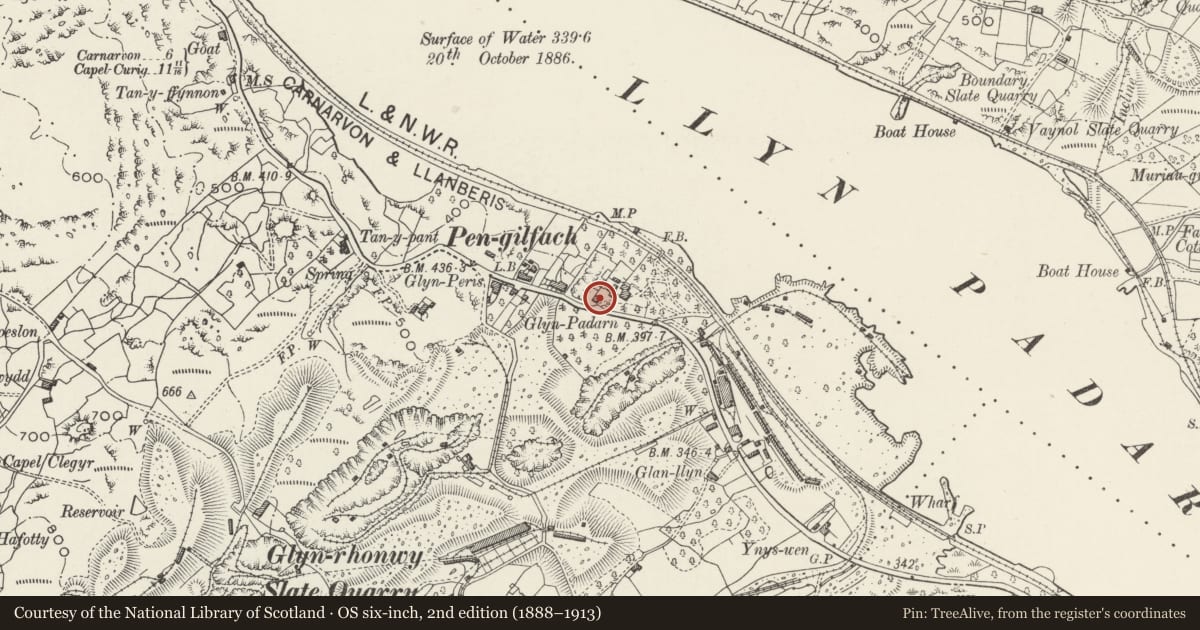 Ordnance Survey six-inch map, 2nd edition (1888–1913) covering the location of Entrance Lodge at Glyn Padarn, Llanberis, Gwynedd, with a pin at the register's coordinates