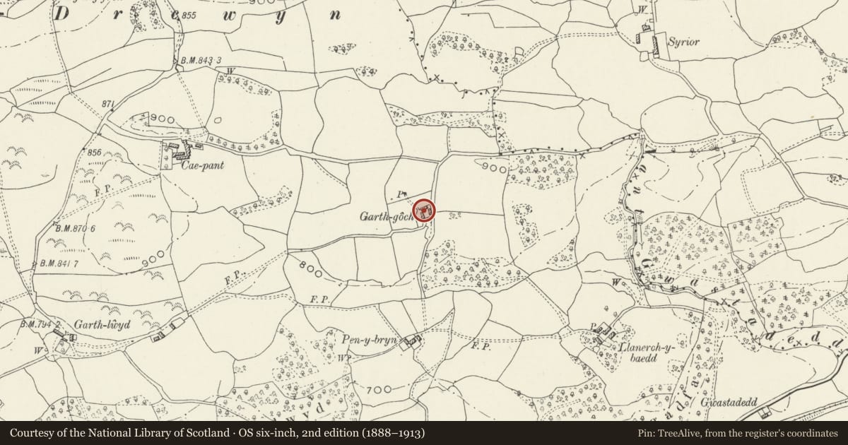 Ordnance Survey six-inch map, 2nd edition (1888–1913) covering the location of Barn at Garth-goch, Llandderfel, Gwynedd, with a pin at the register's coordinates