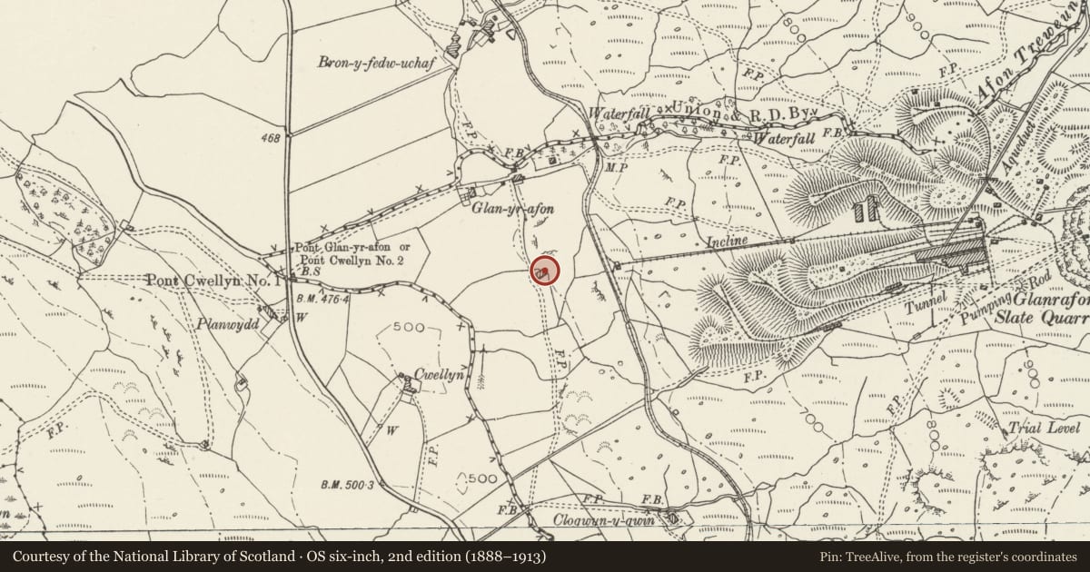 Ordnance Survey six-inch map, 2nd edition (1888–1913) covering the location of Beudy & Ysgubor, Betws Garmon, Gwynedd, with a pin at the register's coordinates