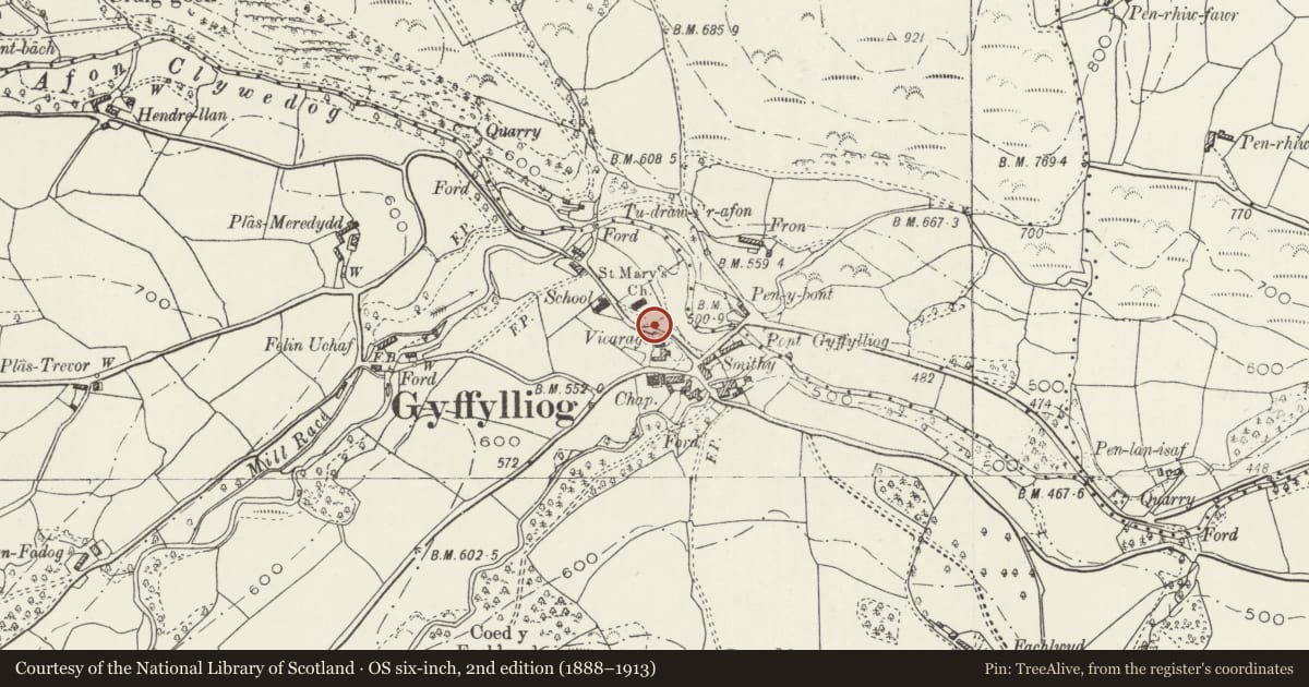 Ordnance Survey six-inch map, 2nd edition (1888–1913) covering the location of Hearse-house at Church of St Mary, Cyffylliog, Denbighshire, with a pin at the register's coordinates