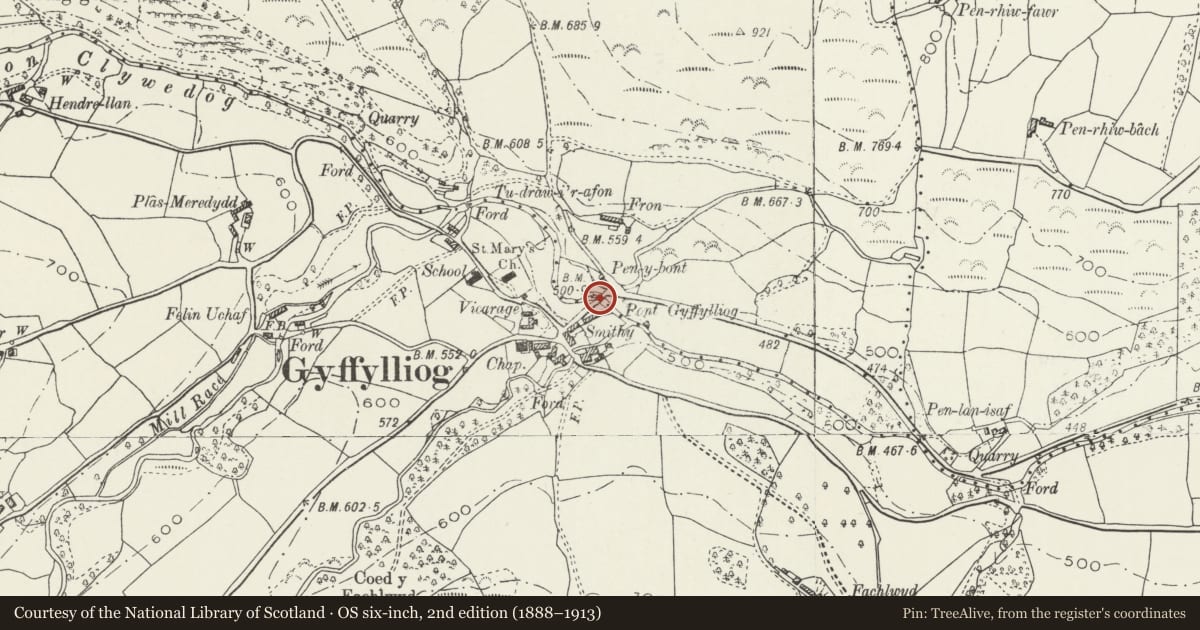 Ordnance Survey six-inch map, 2nd edition (1888–1913) covering the location of Pont Cyffylliog, Denbighshire, with a pin at the register's coordinates
