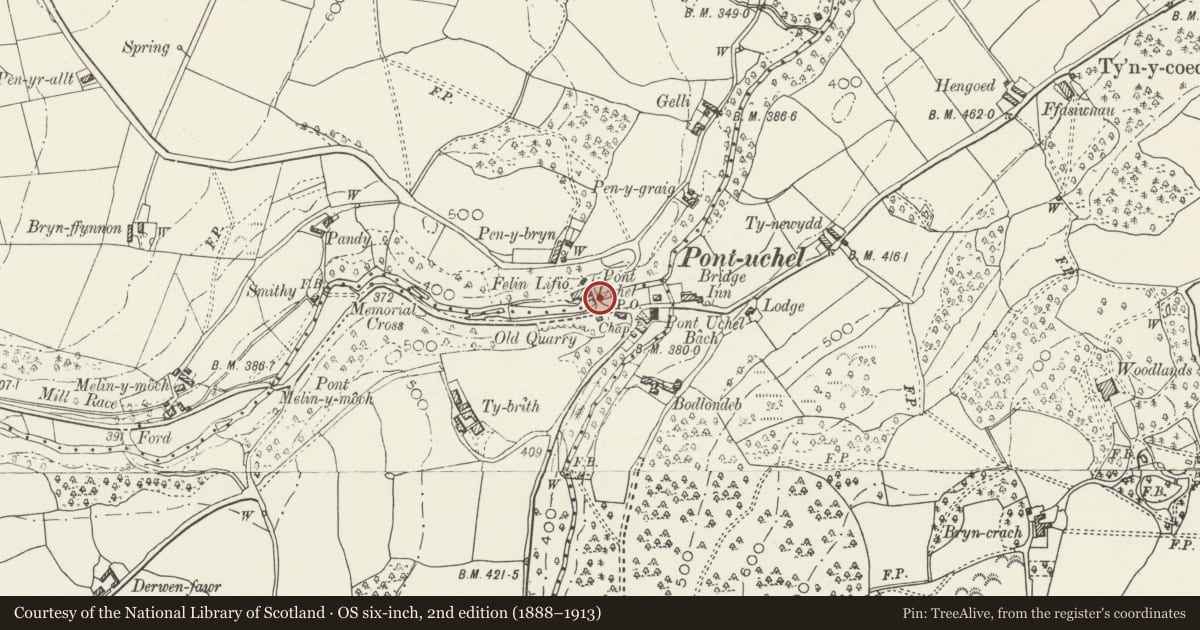 Ordnance Survey six-inch map, 2nd edition (1888–1913) covering the location of Bont-uchel, Cyffylliog, Denbighshire, with a pin at the register's coordinates