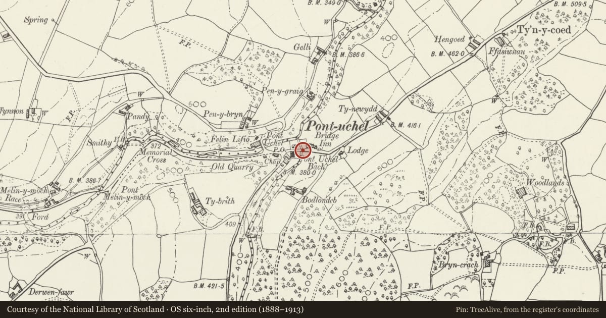 Ordnance Survey six-inch map, 2nd edition (1888–1913) covering the location of Bridge to E of Bont-uchel Chapel, Cyffylliog, Denbighshire, with a pin at the register's coordinates