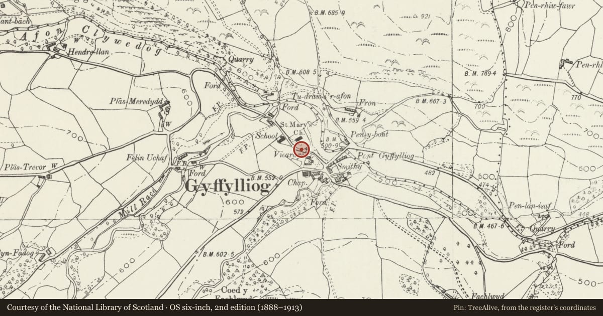 Ordnance Survey six-inch map, 2nd edition (1888–1913) covering the location of Lychgate and Churchyard Walls at Church of St Mary, Cyffylliog, Denbighshire, with a pin at the register's coordinates