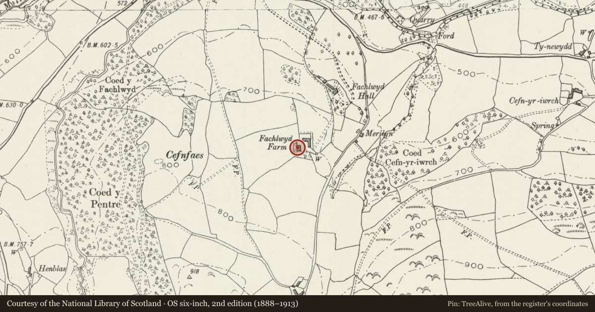 Ordnance Survey six-inch map, 2nd edition (1888–1913) covering the location of Fachlwyd Farm, Cyffylliog, Denbighshire, with a pin at the register's coordinates