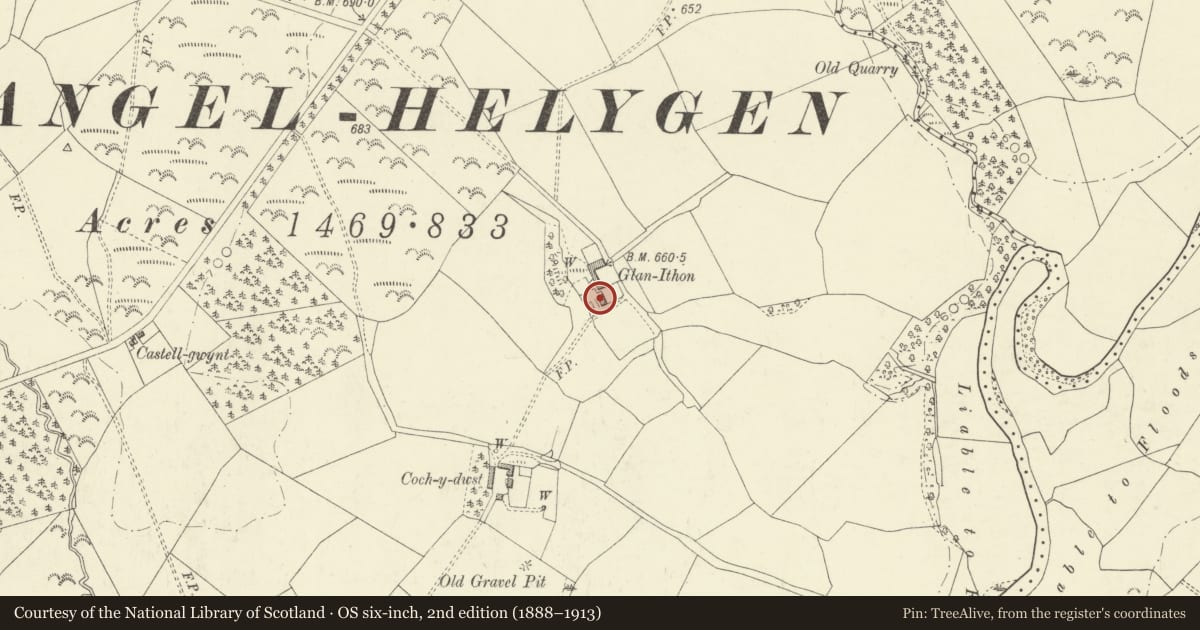 Ordnance Survey six-inch map, 2nd edition (1888–1913) covering the location of Cow House at Glan Ithon, Llanyre, Powys, with a pin at the register's coordinates