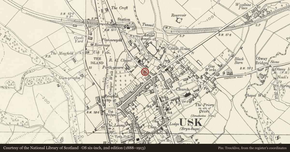 Ordnance Survey six-inch map, 2nd edition (1888–1913) covering the location of The Laurels, and attached iron railings, gate piers and barn, Usk, Monmouthshire, with a pin at the register's coordinates
