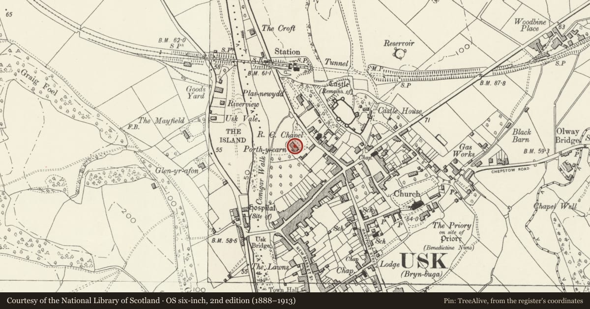Ordnance Survey six-inch map, 2nd edition (1888–1913) covering the location of Porth-y-carn, Usk, Monmouthshire, with a pin at the register's coordinates