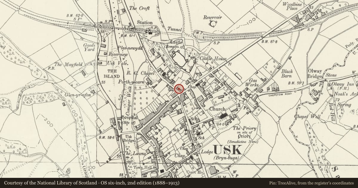 Ordnance Survey six-inch map, 2nd edition (1888–1913) covering the location of Former Livery and Bait Stables at the The Three Salmons Hotel, Usk, Monmouthshire, with a pin at the register's coordinates
